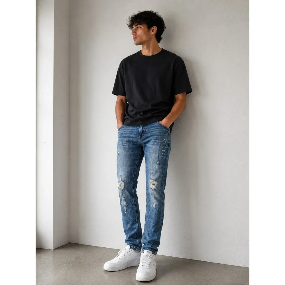 NWT PacSun Mens Skinniest Fit Jeans 30x32 Medium Indigo Stretch Denim Distressed